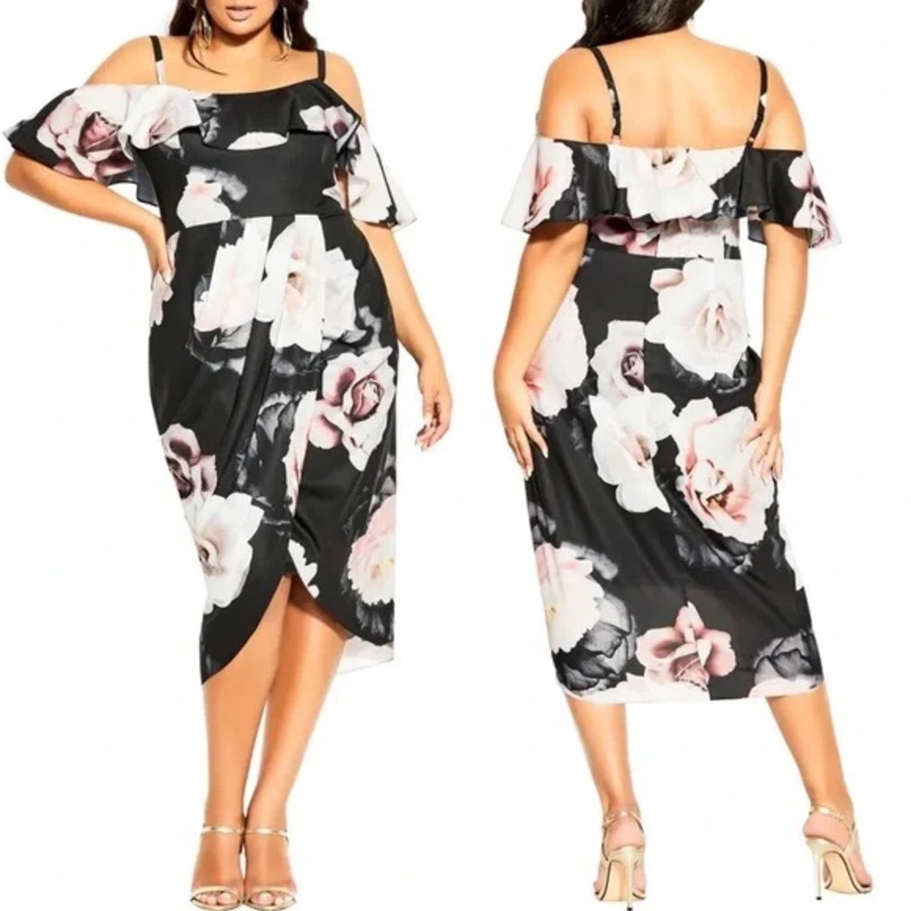 NWT City Chic Austin Black, White and Pink Floral Off-Shoulder Midi Dress
